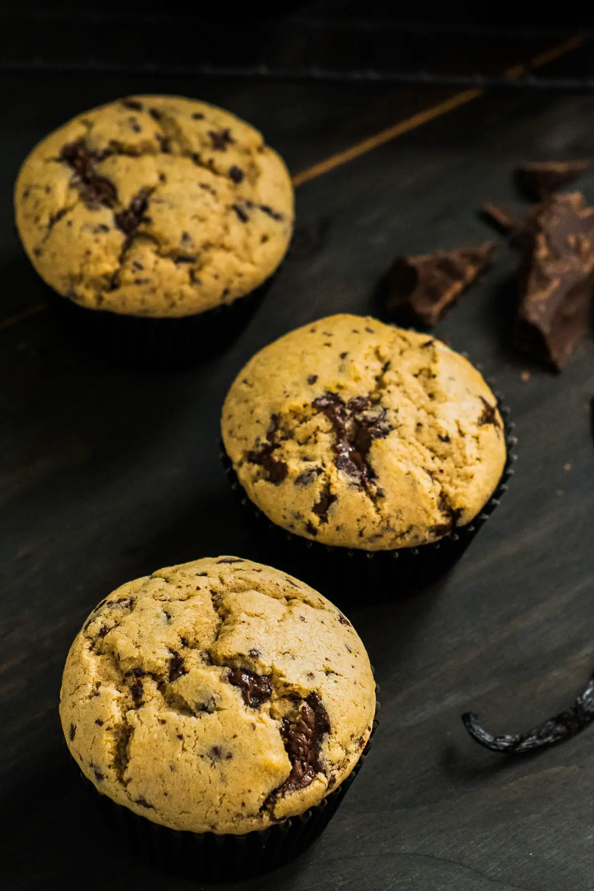 Chocolate Chunk Muffins placed over a dark board