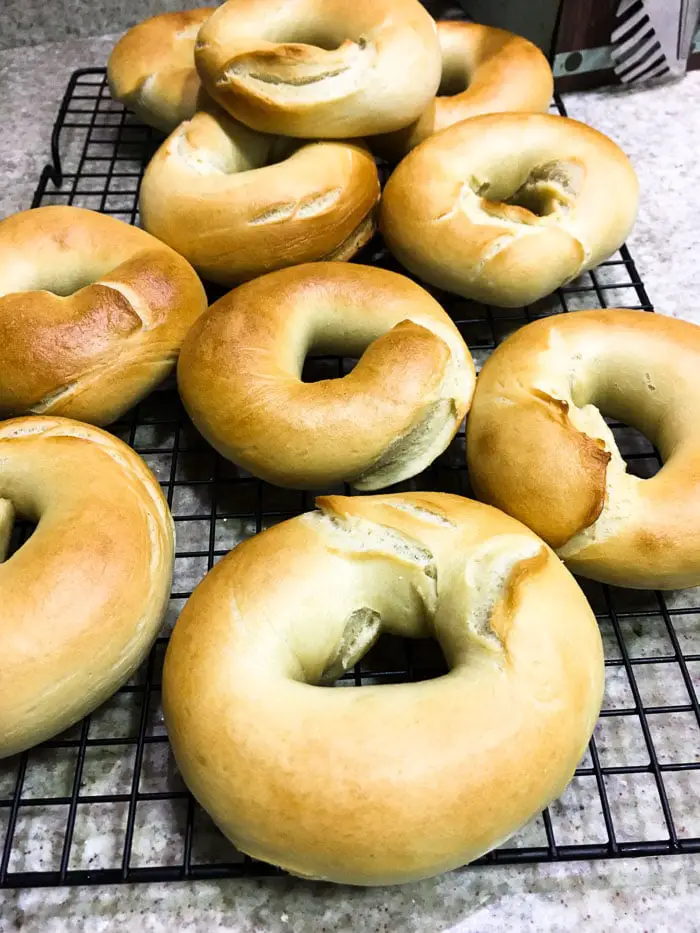 Fresh baked bagels on wired rack to cool