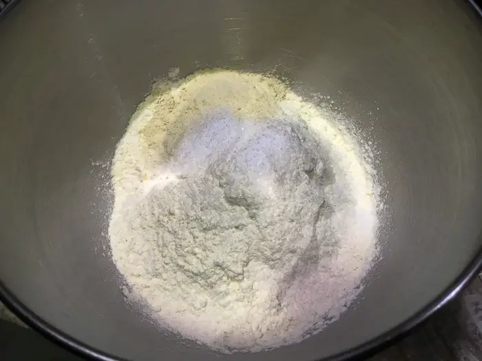 Homemade Bagels dry ingredients in stand mixer bowl