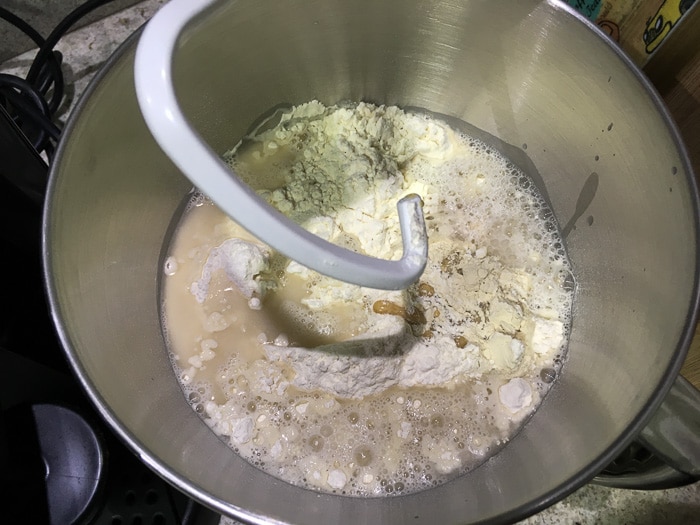 Homemade Bagels ingredients in stand mixer bowl