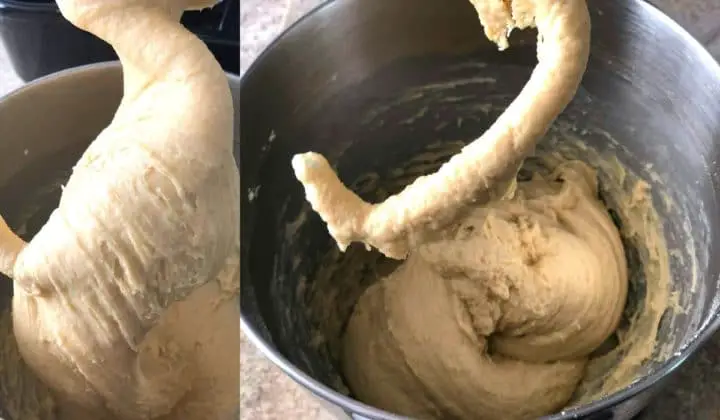Brazilian milk bun dough should be soft and tacky. Image showing dough hanging on stand mixer dough hook on the left and fallen inside bowl on right.