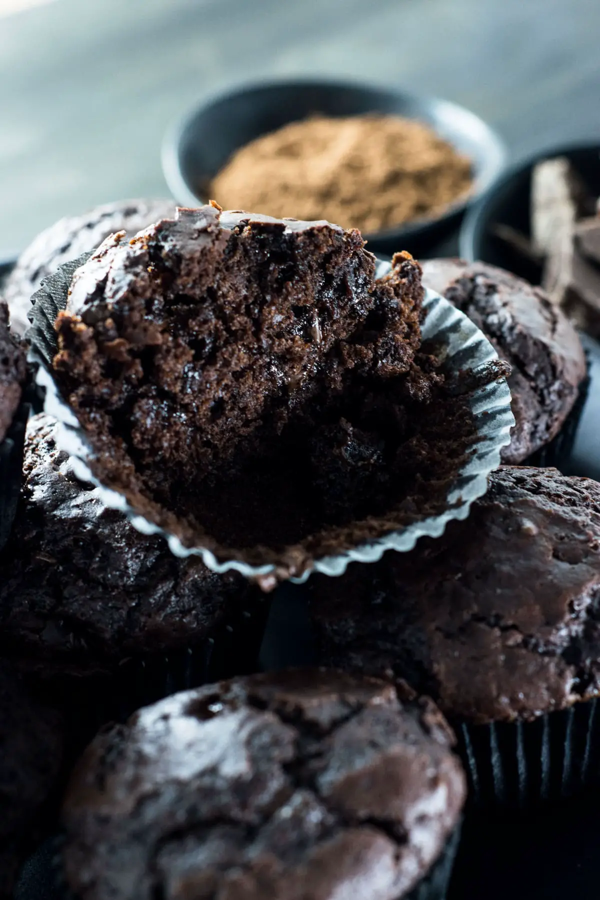 Double chocolate muffin cut in half showing moist interior