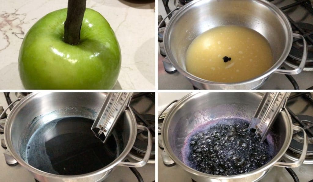 Step by step instructions. Top left: add twig to apple; top right: add ingredients to pan; bottom left: secure candy thermometer; bottom right let boil over medium heat