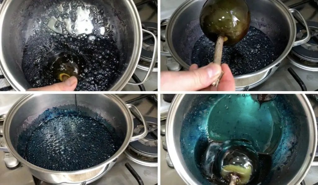 Step by step instructions. Top left: coat apples in caramel by tilting pan; top right: let excess drip; bottom left: adding more food coloring will make caramel bubble violently; bottom right: add second coating if necessary. 